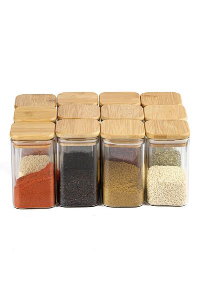 MadaMelya 4-Piece Bamboo Lid Square Thermal Spice Jar 6x12cm 4 Pieces Vacuumed Lid