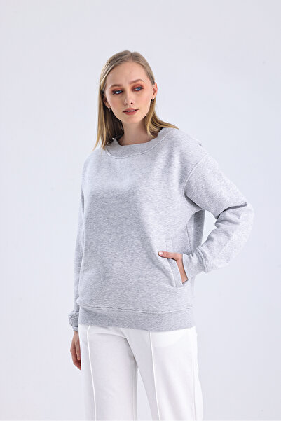 muub's Flat Geniş Yakalı Uzun Kollu Fileto Cepli 3 iplik Unisex Bol Kesim Sweatshirt