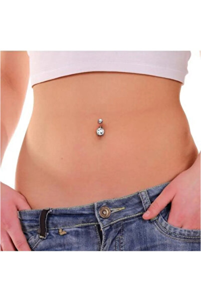 DRAGONTATTOO 316L Cerrahi Çelik Göbek Piercing Yuvarlak Çift Beyaz Zirkon Taşlı Gümüş Renk