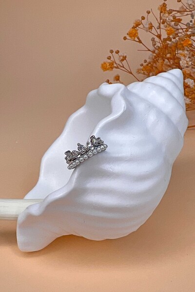 Elassin Aksesuar Earcuff İnci ve Zirkon Taş Detaylı Taç Görünümlü Silver Renk...