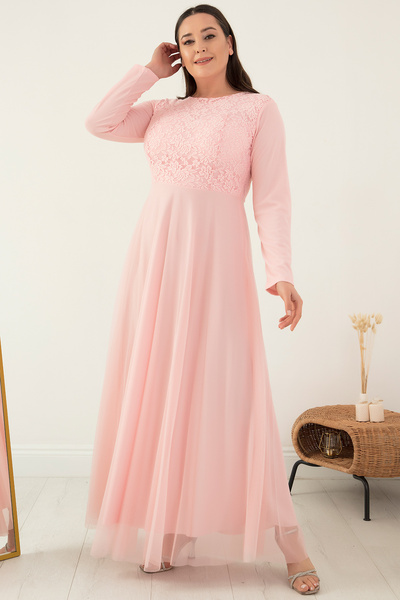 PULLIMM Long Lace Tulle Plus Size Evening Dress - 3620