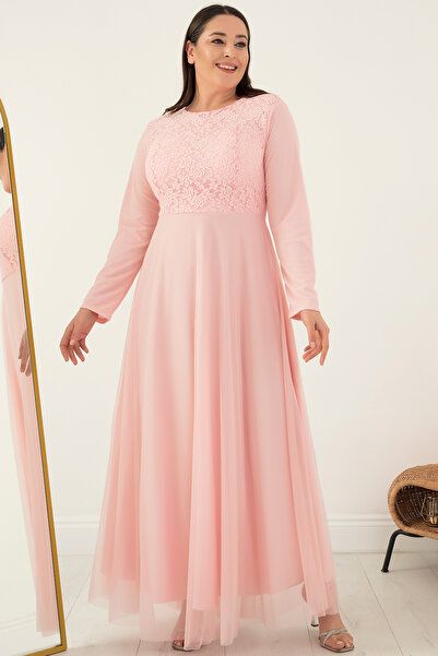 PULLIMM Long Lace Tulle Plus Size Evening Dress - 3620