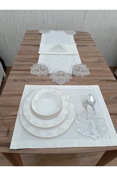Çt Çeyizci Tekstil طقم تقديم أمريكي من الدانتيل الكريمي مكون من 13 قطعة - 12 طبقًا و1 عداء