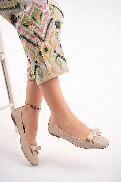 Deripabuc Genuine Leather Beige Print Women's Leather Ballerinas Dp58-4055