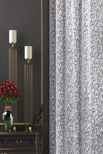 De'Vor Desenli Tül Perde, Çiçek ve Yaprak Desenli Yakma Kumaş, Pilesiz Düz Dikim