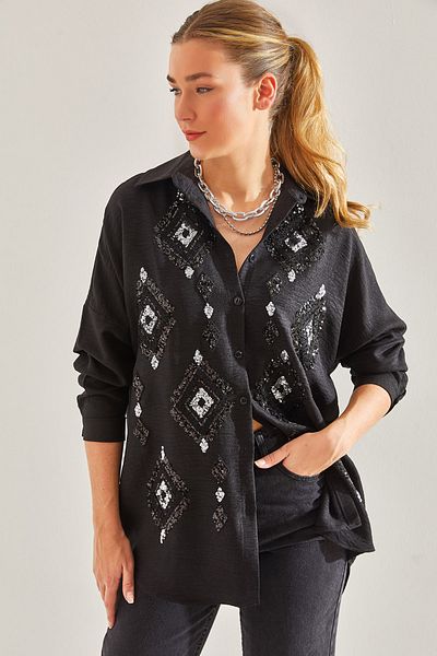 Bianco Lucci Modest Cămașă Sofia de in, cu paiete, brodata cu paiete60181011