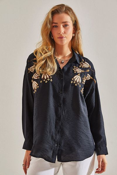 Bianco Lucci Modest Cămașă de in Ayrobin - Model de mărgele din lemn și broderie 60181026