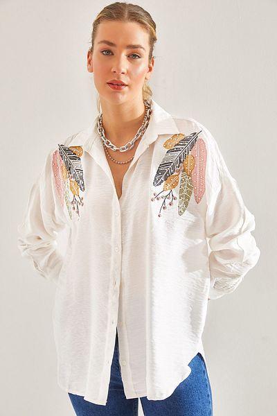 Bianco Lucci Modest Damen-Hemd aus Leinen mit Stickereien, Perlen und Schmucksteinen Ayrobin60181005