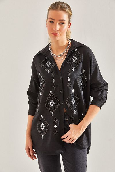 Bianco Lucci Modest Cămașă Sofia de in, cu paiete, brodata cu paiete60181011