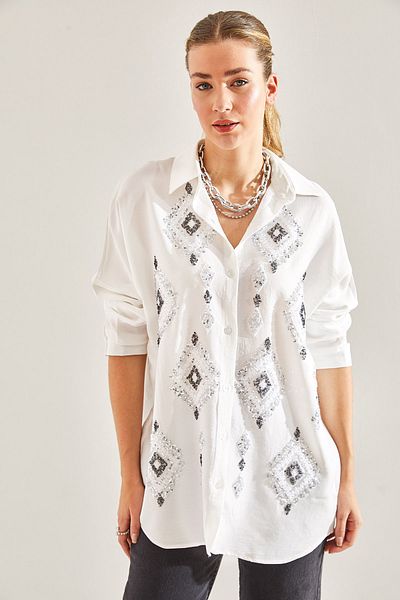 Bianco Lucci Modest Damen-Leinenhemd Sofia mit Paillettenstickerei 60181011