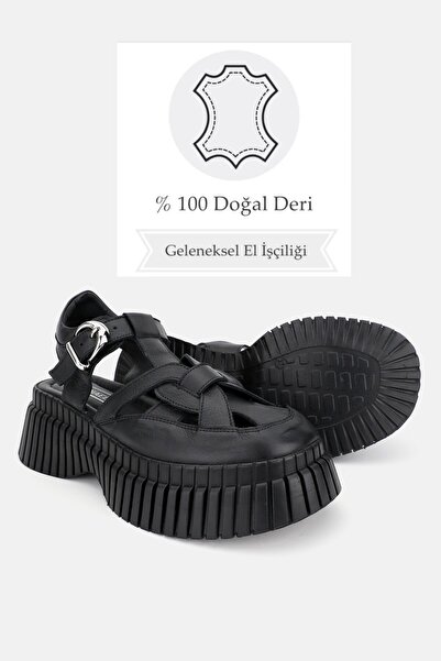 TUNAELLİ Women's BLACK GENUINE NATURAL LEATHER FLAT SANDALS SHOES