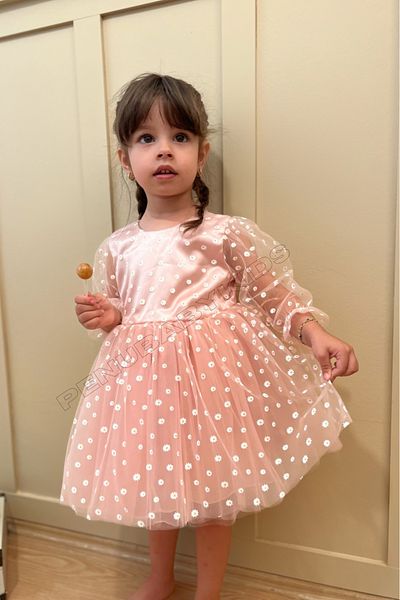 penu baby kids فستان بناتي بأكمام ثلاثة أرباع مزين بالزهور باللون الوردي الفاتح