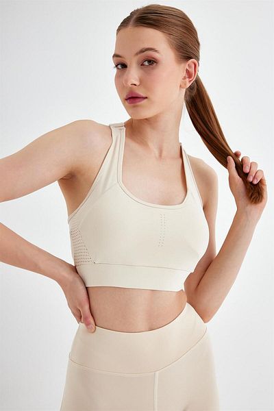 GRAB Women's Beige Back Laser Cut Sports Bra