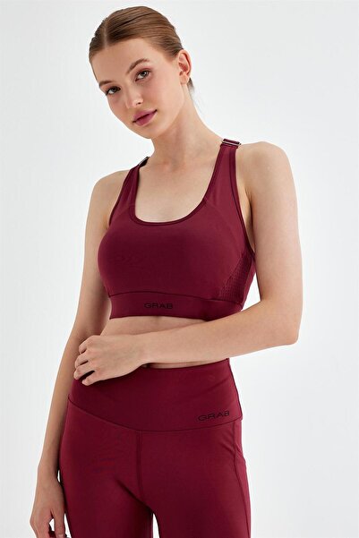 GRAB Women's Claret Red Back Laser Cut Sports Bra