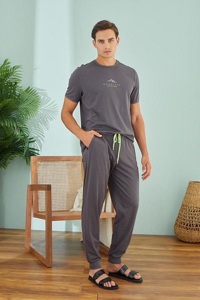 Sevim Men's Short Sleeve Anthracite Pajama Set C4T9N49