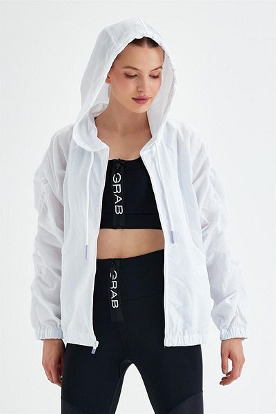 GRAB Jachetă de vânt crop albă pentru femei, cu fermoar și glugă