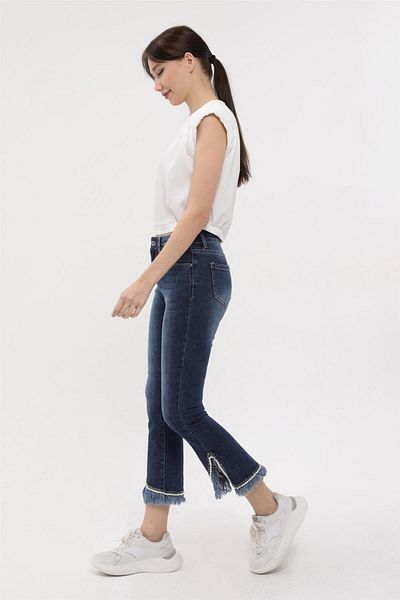 HomeStore Marineblaue Jeanshose – Fransen, Glitzerperlenborte