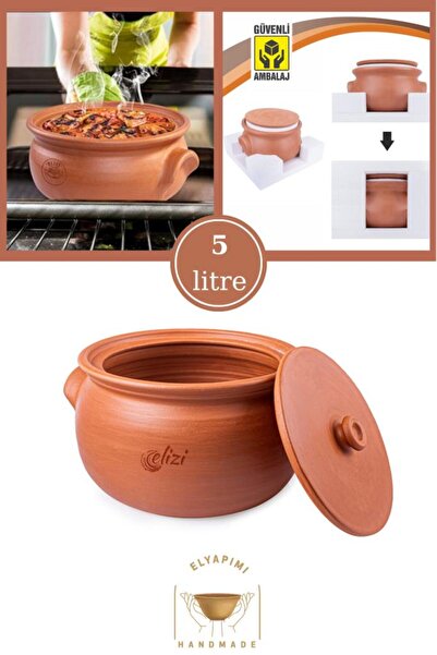 ELİZİ El Yapımı Kapaklı Toprak Güveç Tencere Orta Boy Astarlı 5 Litre (Özel Kırılmaz Köpük Ambalajında)