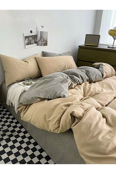 CAQQA Double Elastic Sheet Duvet Cover Set| Brown - Gray