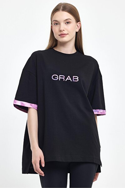 GRAB Women's Grab Printed Black Oversize T-shirts
