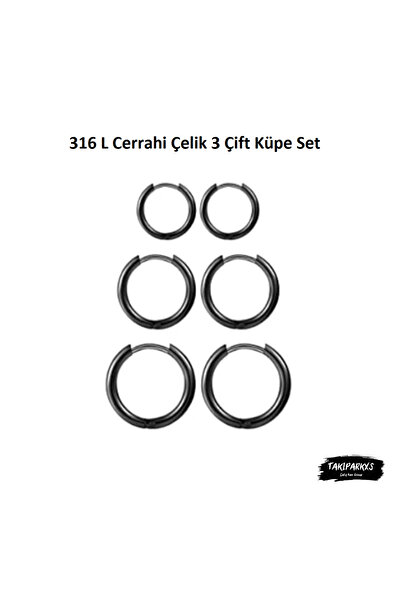 Takıparkxs 316 L Anti Alerjik Cerrahi Çelik Üç Boy 3 Çift Unisex Halka Küpe Seti