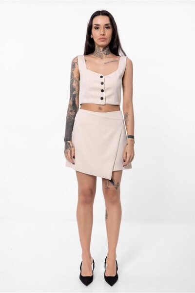 Lefon Kadın Asimetrik Ön Short Etek Taş