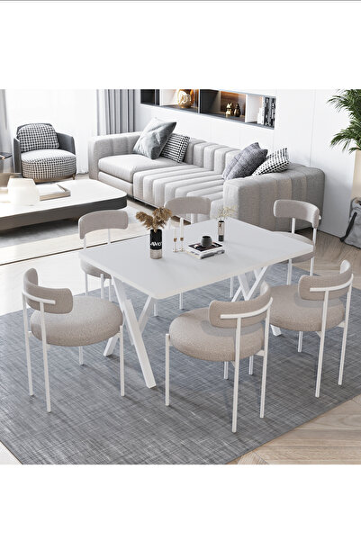 AVVİO Larina Beyaz Teddy Sandalye 80x140 Yemek Masası Mutfak Masası 6 Kişilik...