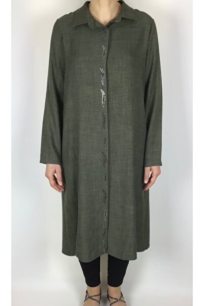 ECE GİYİM KETEN AYROBİN ÖNÜ VE ARKADI TAŞLI ÖN GİZLİ DÜĞMELİ SPOR GÖMLEK