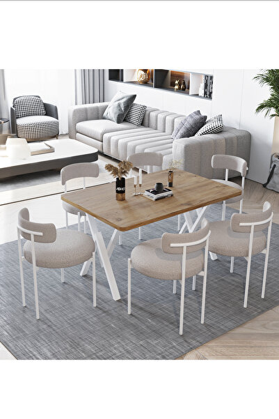 AVVİO Larina Beyaz Teddy Sandalye 80x140 Yemek Masası Mutfak Masası 6 Kişilik...