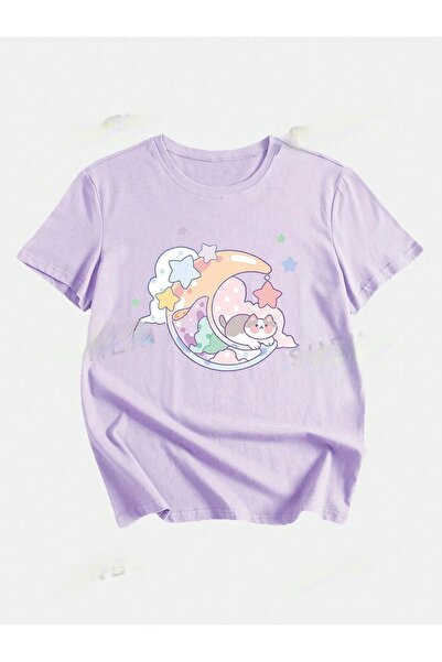 over head oh Ženska lila Ayda mačka Štampano Anime velika veličina T-shirt