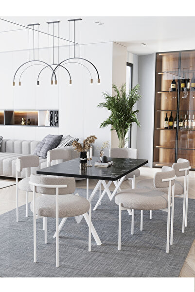 AVVİO Larina Beyaz Teddy Sandalye 80x140 Yemek Masası Mutfak Masası 6 Kişilik...