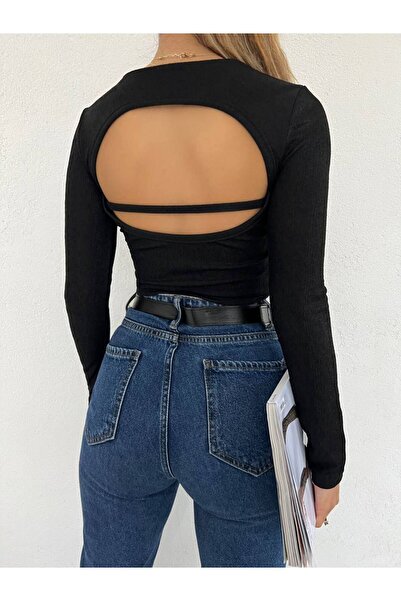 S&A Collectionn Kadın Sırtı Açık Simli Parlak Kumaş Uzun Kol Crop Bluz