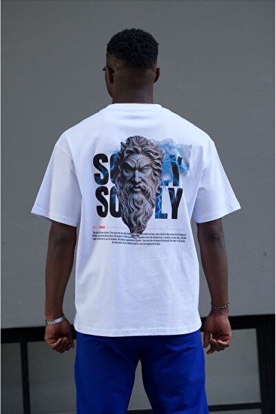 Erkek Beyaz Oversize %100 Pamuk 'softly' Baskılı T-shirt Trk11600