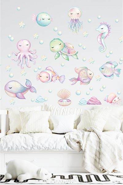Sim Tasarım Pastel Colorful Ocean Life Cute Fishes Baby Kids Room Wall Sticker Set