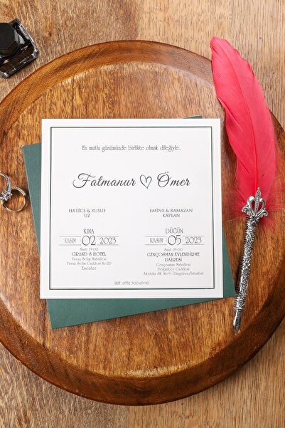 Pixel Davetiye 100 Adet Yeşil Davetiye - Düğün Davetiye Altın Yaldızlı - Düğün-nişan-kına Sünnet Davetiyesi-8192