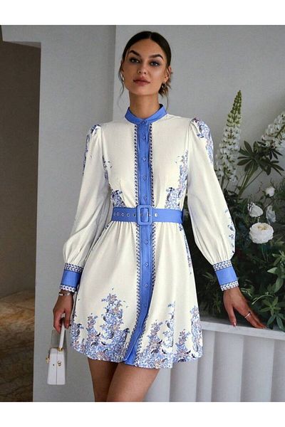 1Moda1Tarz Γυναικείο πολύχρωμο γιακά κρεπ ύφασμα μίντι φόρεμα με κουμπιά μπροστά με ζώνη