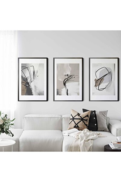 Linacci Üçlü Siyah Metal Çerçeveli Soyut Boya Poster Camlı Tablo Seti