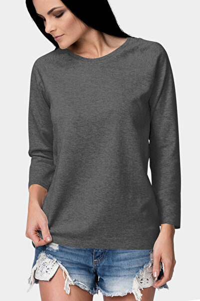 ROCKANDROLL عادي أنثراسايت طاقم الرقبة طويلة الأكمام المرأة بتمشيط تي شيرت