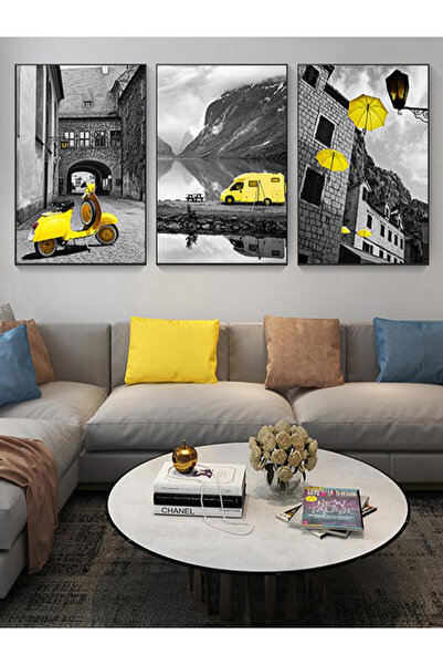 Linacci 3-Piece Black Metal Framed Yellow Umbrella Car Poster Glass Painting Set