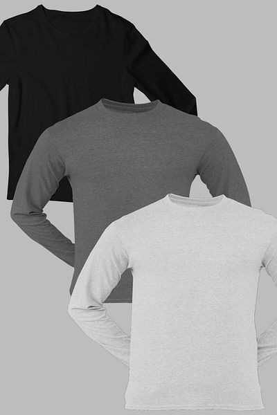 ROCKANDROLL Plain Black, Anthracite, Gray Long Sleeve Crew Neck Men's Combed Cotton T-Shirt 3 Pack Eco Pack