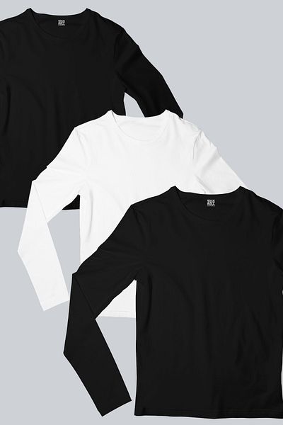 ROCKANDROLL 2 Black, 1 White Long Sleeve Crew Neck Men's Combed Cotton T-Shirts 3 Pack Eco Pack