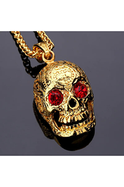 FG KONNİCHİWA Hip hop Altın Kafatası Kafa Kolye  Kırmızı Taş Gözler Gem Krist...
