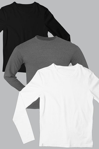 ROCKANDROLL Plain Black, Anthracite, White Long Sleeve Crew Neck Women's Combed Cotton T-shirt 3 Pack Eco Pack