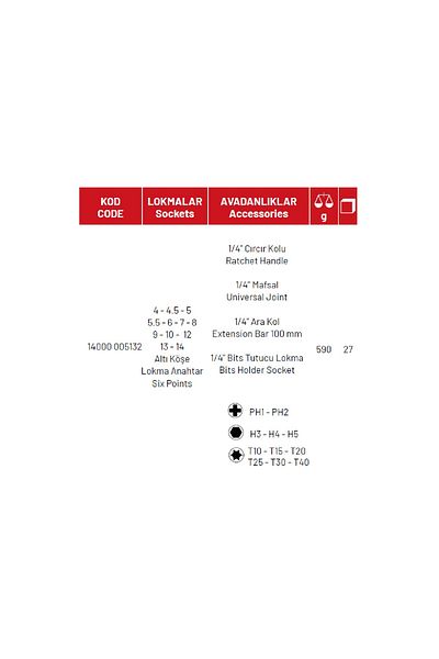 İzeltaş Izeltaş 1/4” Six Corner Socket Wrench and Bits Set (27 pieces, mm) - 14000005132