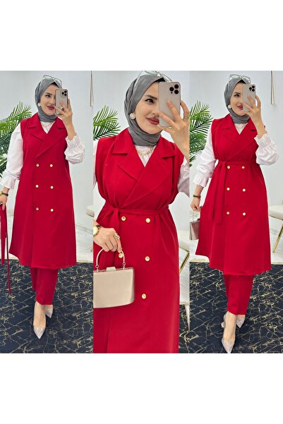 FIRSTESLEM Duble Krep Kumaş Pantolon ve Uzun Yelek Kadın İkili Takım