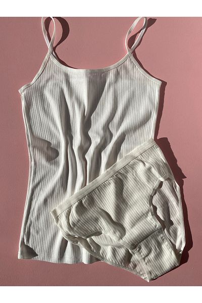 LEYNA BUTİK Women's Oval Collar Cotton Lycra Corded Rope Strap 1 Piece Ecru Color Undershirt and Panty Set