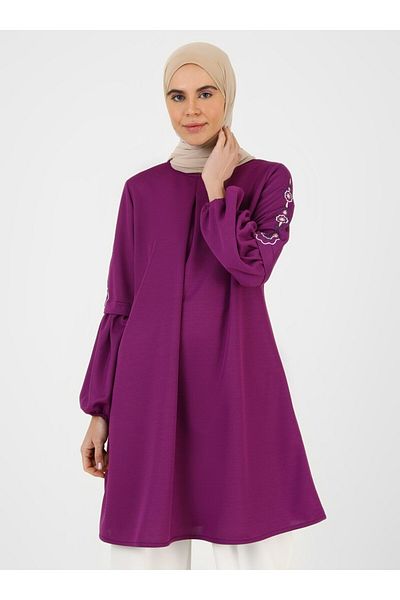 Tavin A Pleated Tunic with Embroidery Detail on Sleeves - Purple - Tavin