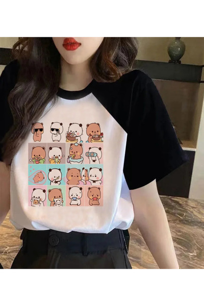 BukuriCO Yaz Kadın Bubu Dudu Tatlı Kawai Çift Renk T-shirt