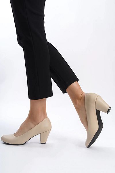 Deripabuc Genuine Leather Beige Women's Heeled Shoes TRC-1073