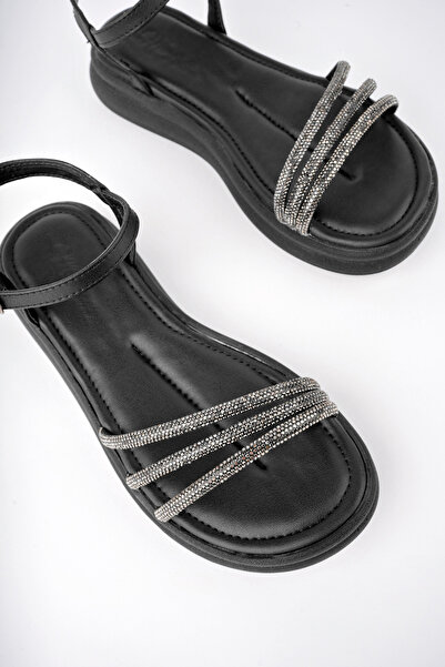 meyra'nın ayakkabıları Women's Black Three-Piece Stone Sandals